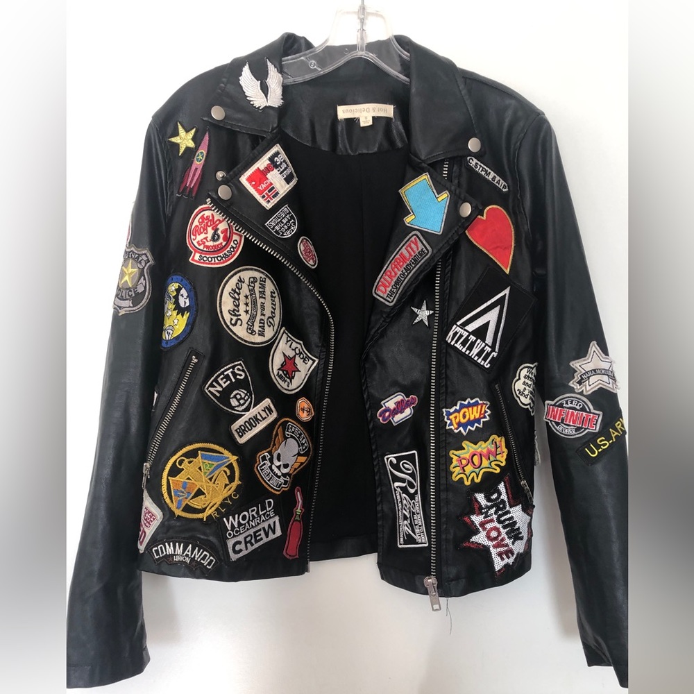 Faux Leather Jacket with Patches.